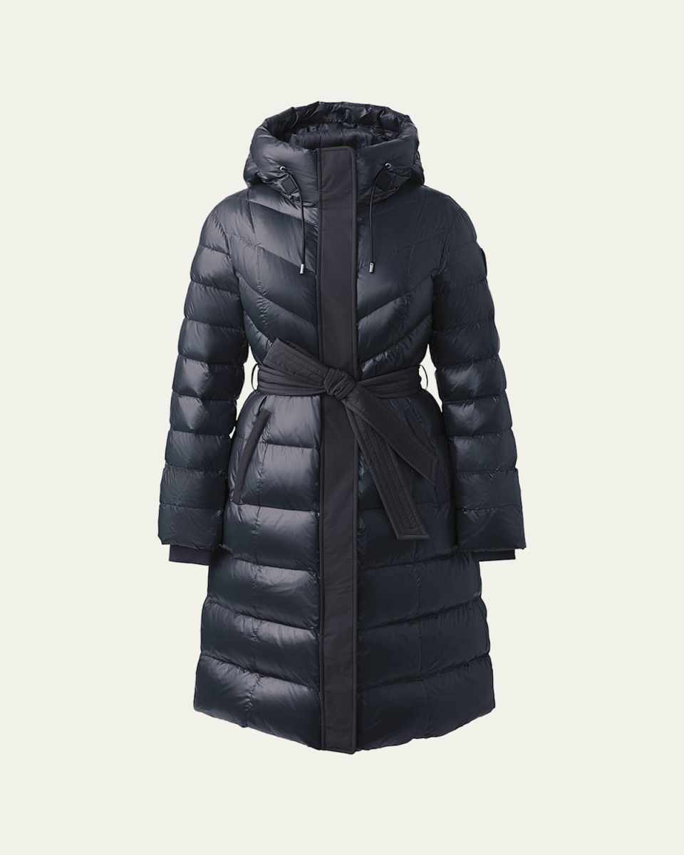 Coralia Lustrous Light Down Coat with Sash Belt